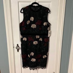 Ivanka Trump Sleeveless Dark Floral Lace Dress with Velvet Trim